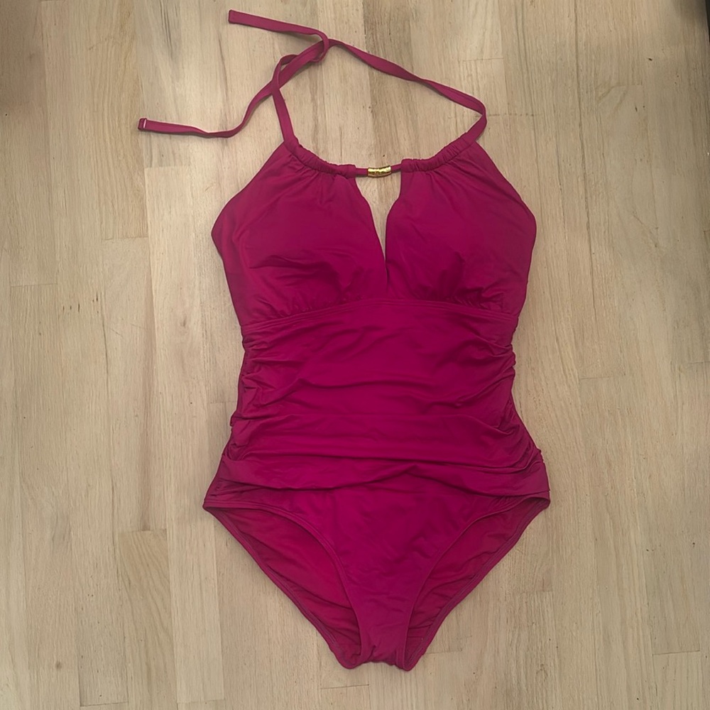 NWT Lauren Ralph Lauren Beach Club Solid High Neck One-Piece Swimsuit size 16